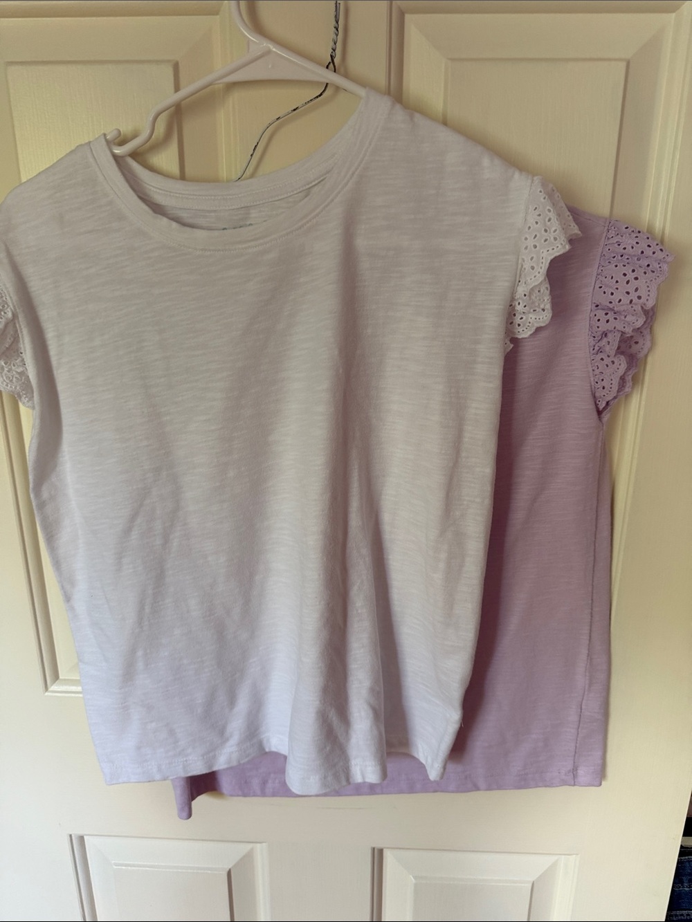 Set of 2 Eyelet Sleeve Tee Tops - White + Lavender Size 14
